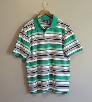 Vintage Bugle Boy Polo Shirt Mens Medium Green White Stripe 90s Retro Mesh Top M